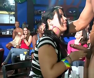 Dancers showing ladies swinging dick on stage and makes them suck it