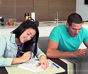 Cougar stepmom dickriding while teen sucks it